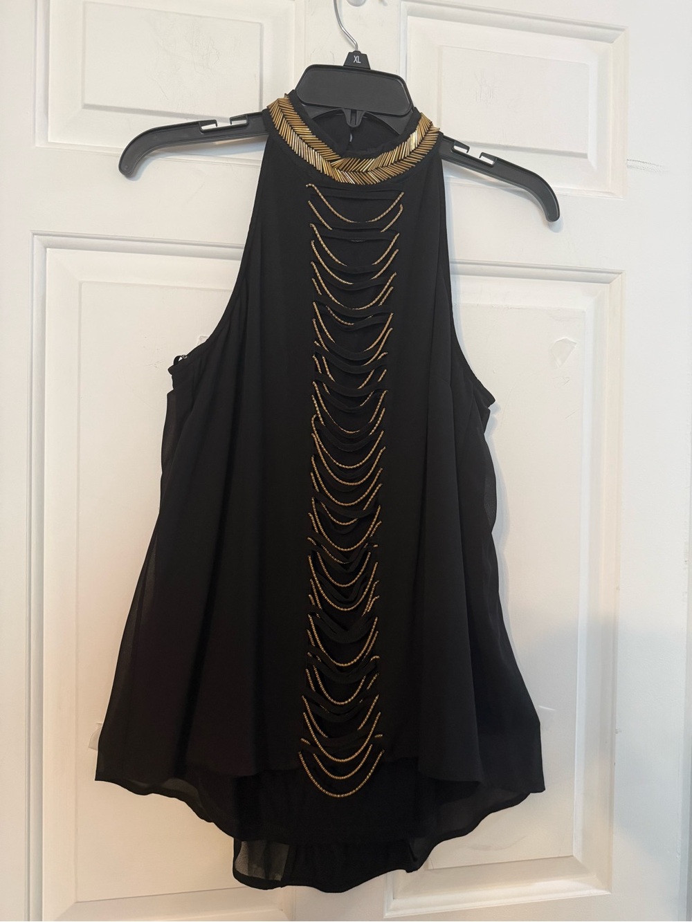 XOXO Black Gold Beaded Chain Embellished Halter Blouse High Low SMALL Going Out